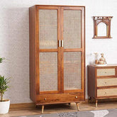 ONIJA Solid Sheesham Wood Rattan Cane Wardrobe | 2-Door Almirah with 3 Drawers, 6 Storage Shelves, 1 Hanging Rod Space | Wooden Cupboard, Bedroom Closet and Dresser | Honey Finish